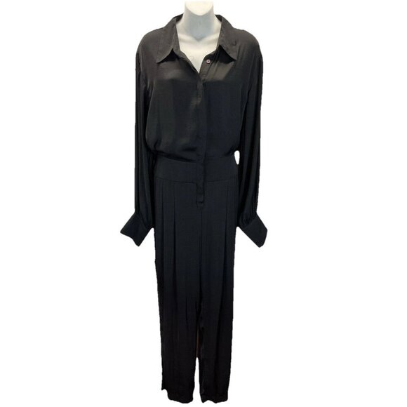 Free People Black Satin long sleeve Jumpsuit Size LG button down - Picture 1 of 16